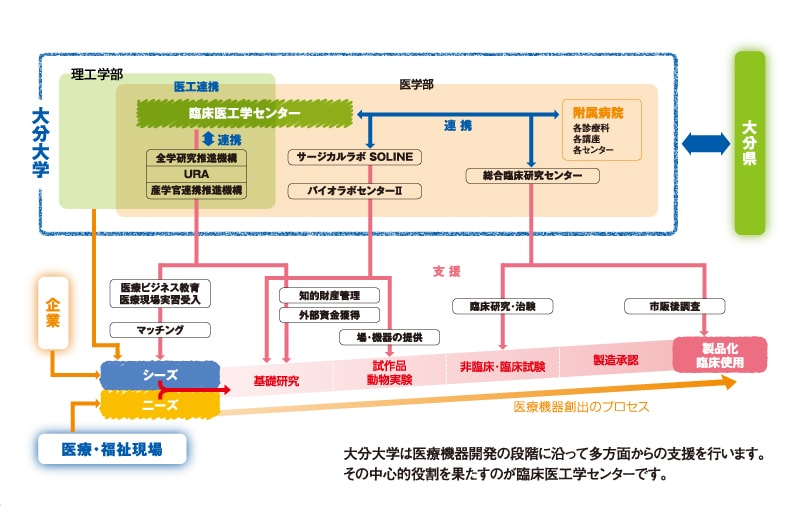 大分大学は医療機器開発の段階に沿って多方面からの支援を行います。その中心的役割を果たすのが臨床医工学センターです。